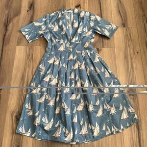 Seasalt Cornwall Boat right Dress Size 10 Cotton Fit-and-Flare Blue Sailboats